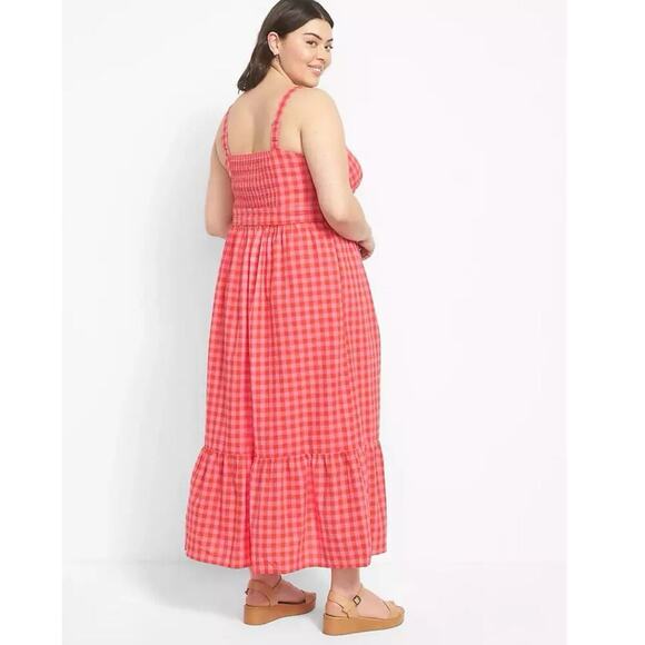 LANE BRYANT Gingham Sleeveless Flounce Hem Seersucker Midi Dress 18 Pink Pockets - Picture 2 of 15